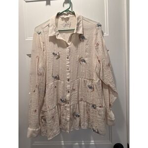 Hope Springs Nautical Embroidered Blouse‎ XL Cream Anchor Ship Wheel Boho Tiered